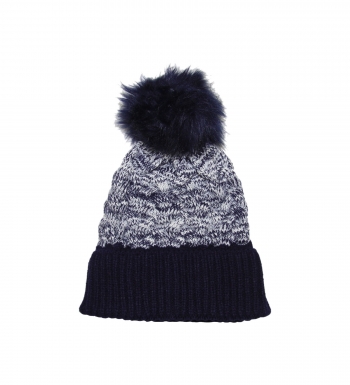 Ladies Hat in Mixed Yarn w Fur PomPom